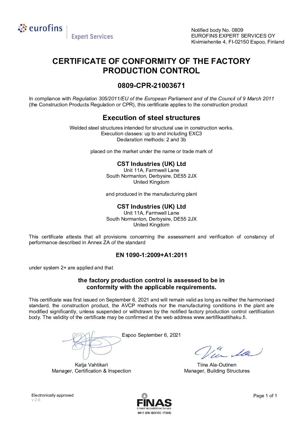 CE Marking Certificate to BS EN 1090-1:2009+А1:2011