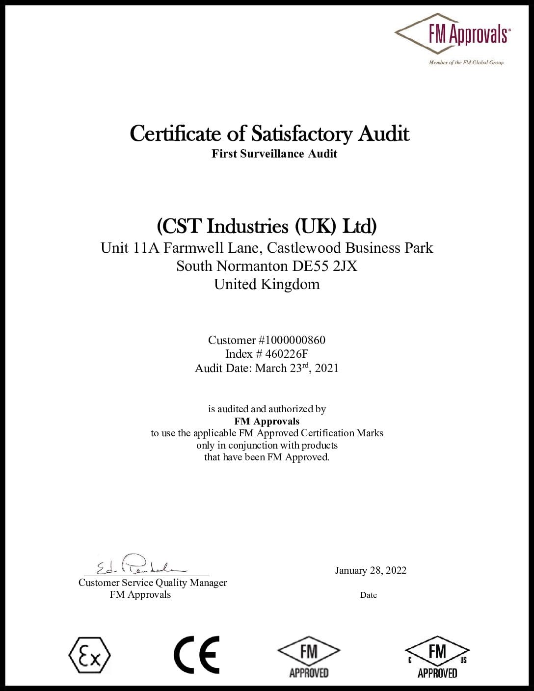 FM Approvals: Certificate of Satisfactory Audit
